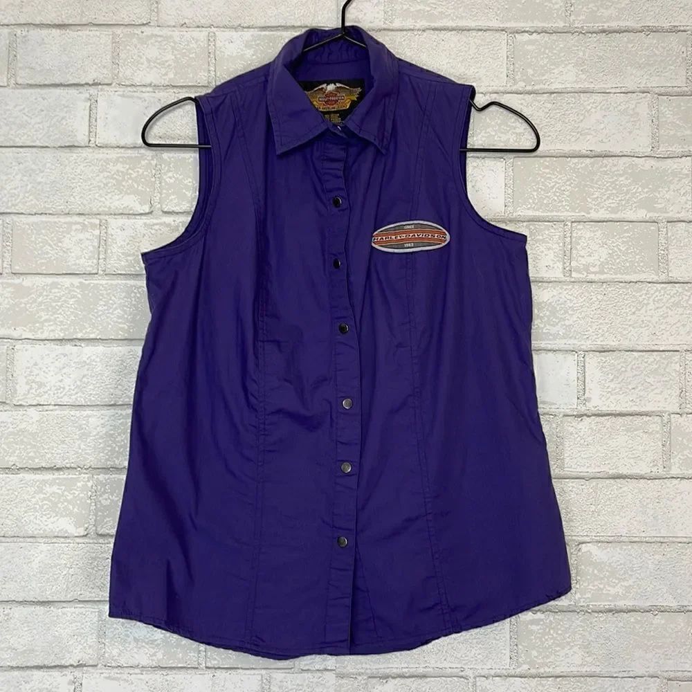 Harley Davidson Purple Snap Sleeveless Button Down Top S